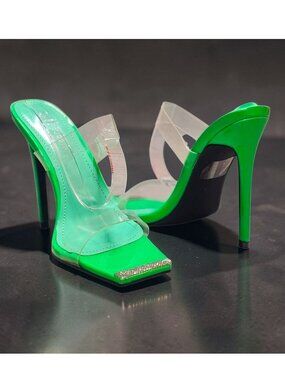 Green & Clear PVC High Heel Slip-On Sandals With Rhinestone Detail Square Toe St